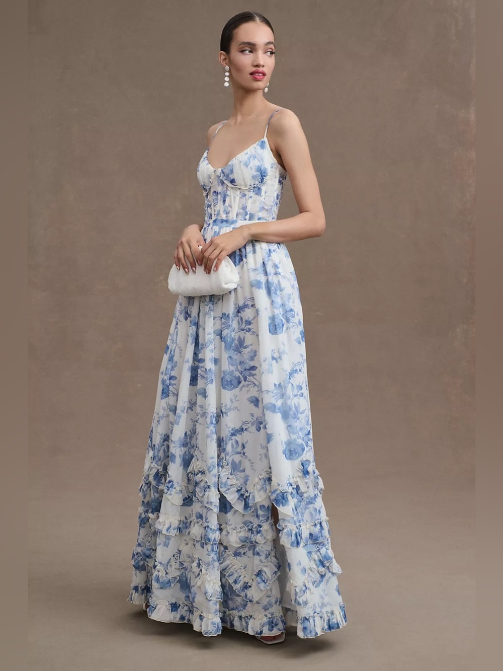 NWT V. Chapman Carmen Corset Ruffled Gown Anthropologie Provencal Blue Floral